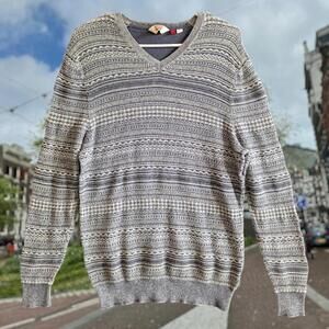 Hudson North Fair Isle VNeck Grandpa Knit Sweater M Gray Geometric Preppy Stripe